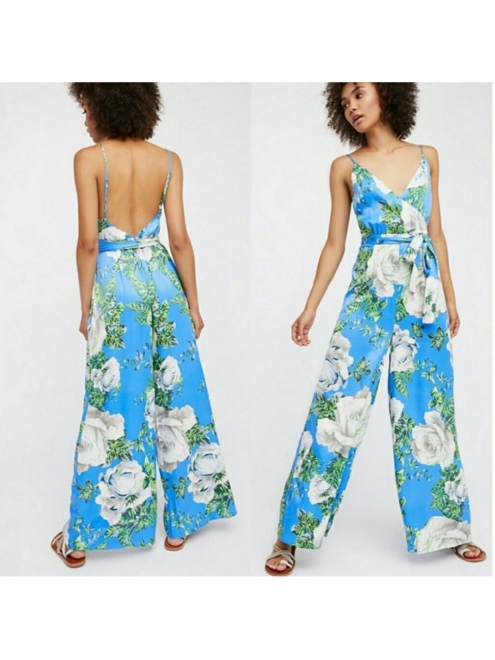 Free People Cabbage Rose Jumpsuit Blue Floral Wide Leg Sleeveless Size 6